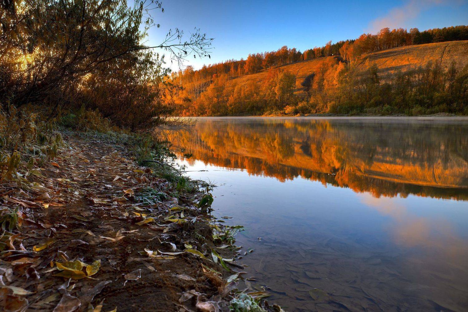 река, небо, вода, отражения, осень, утро, Георгий Муравьёв