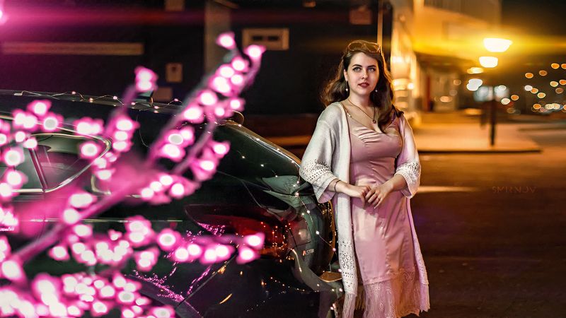 девушка, портрет, вечер, город, свет, боке Ксюша фото превью