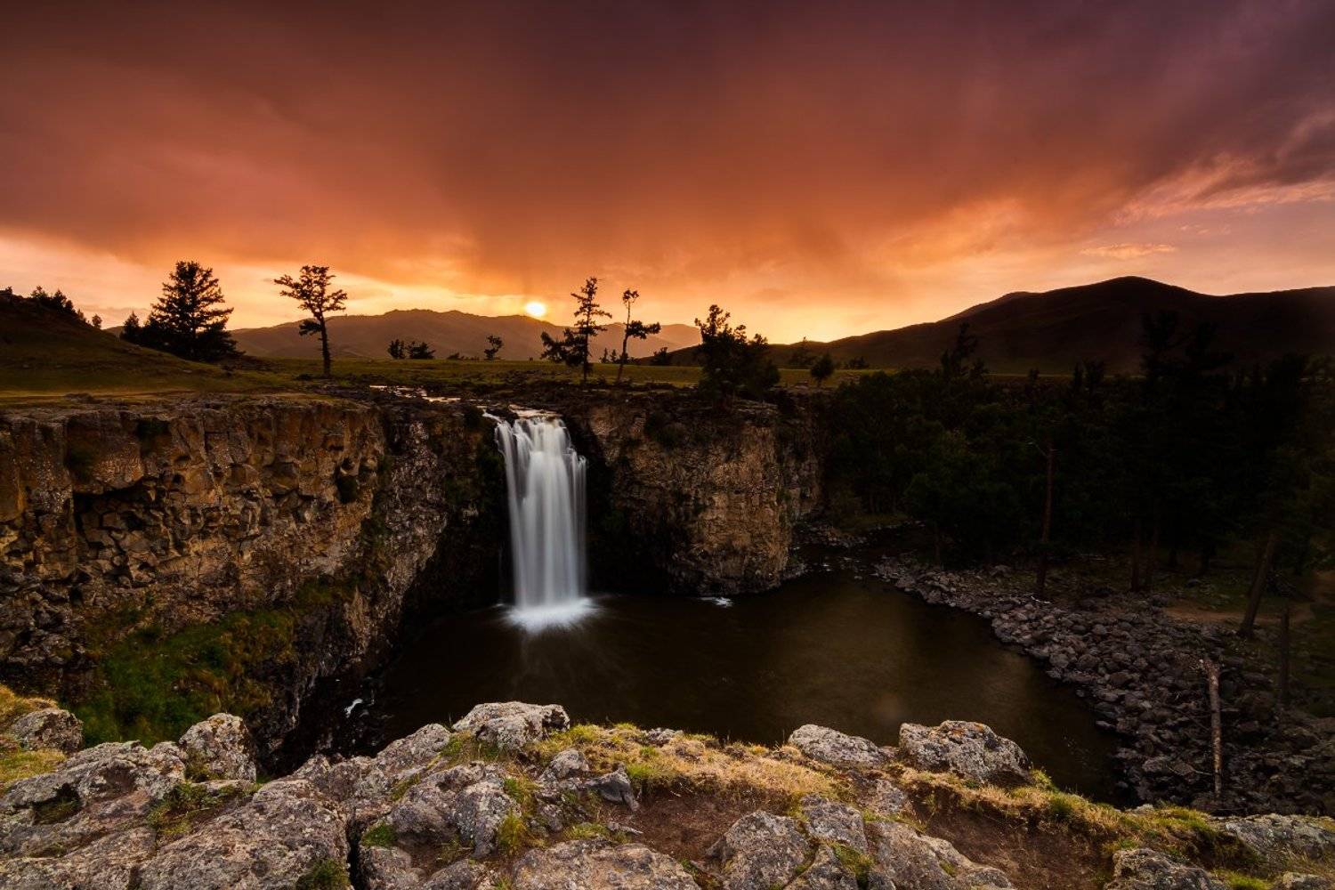 монголия, водопад, закат, Антон Петрусь