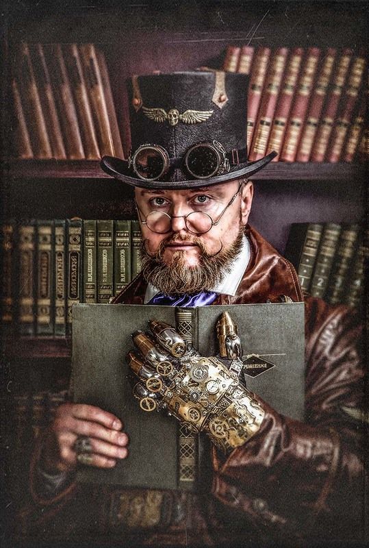 стимпанк,портрет,мужчина,очки,гогглы,steampunk,жанр,жанровый портрет,ч/б,глаза,викторианская эпоха,доктор Маркус,Лорд командующий,библиотека,книги,механическая рука Доктор Маркус фото превью