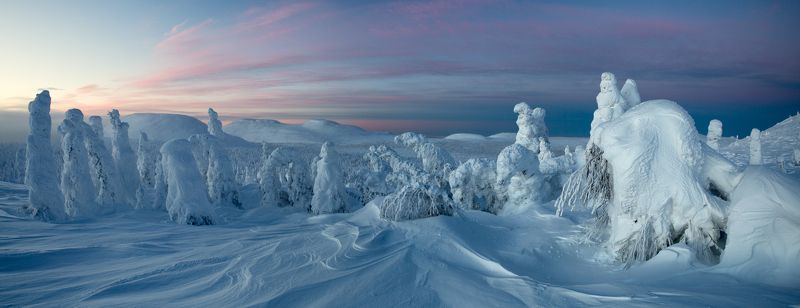 зима, горы, урал, деревья, снег, рассвет, заструги, снежные фигуры, антон селезнев Солнцепоклонники, ожидание рассвета фото превью