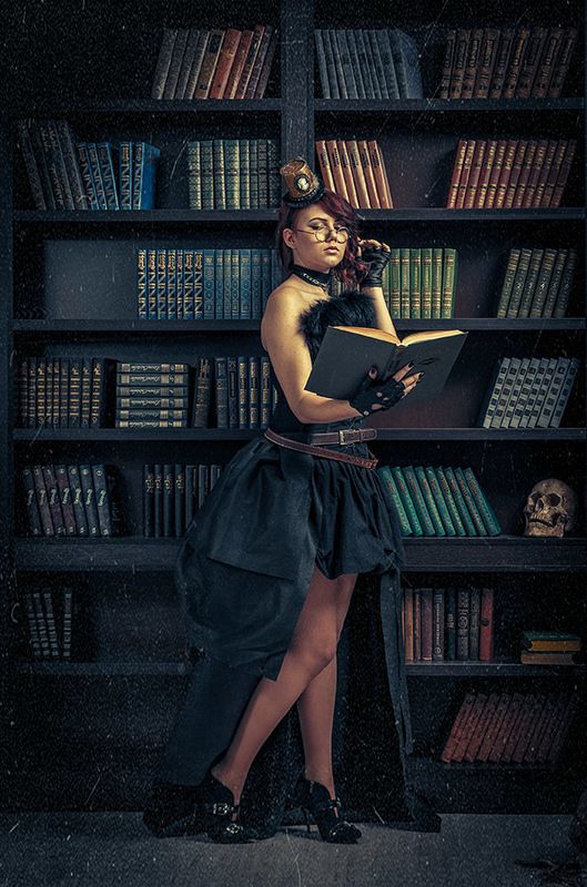 стимпанк,девушка,библиотека,книга,портрет,время,часы,steampunk,викторианская эпоха,Violetta,library Violetta in the library фото превью