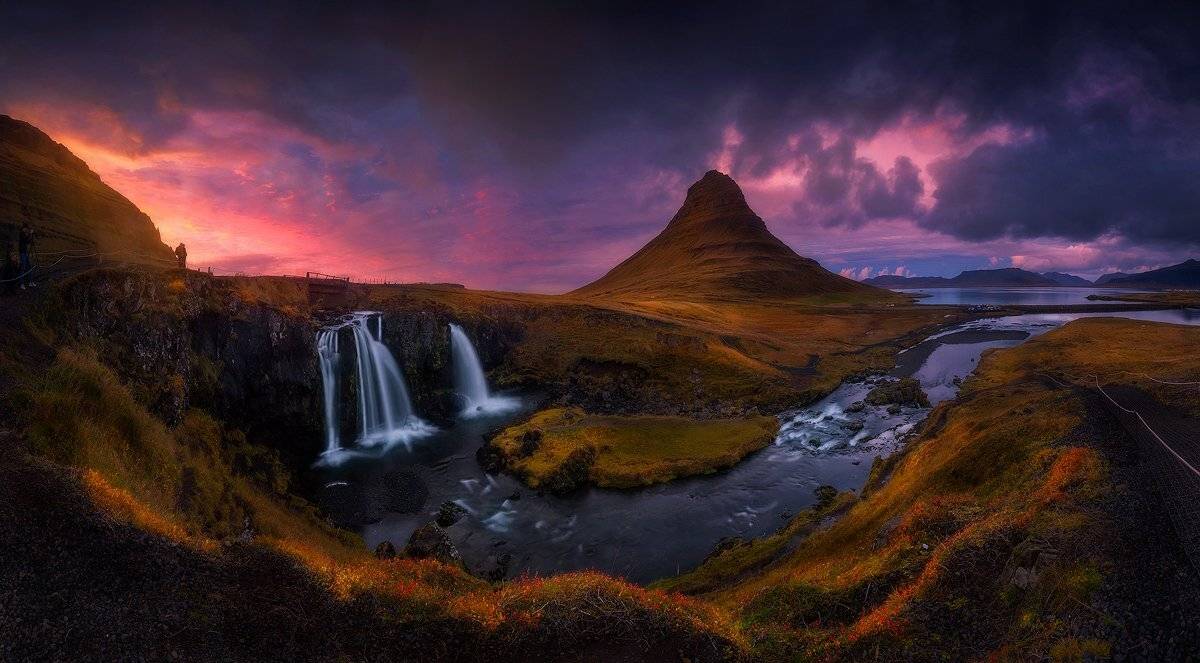 kirkjufell iceland panorama sunset water creek waterfall mountain , Roberto Pavic