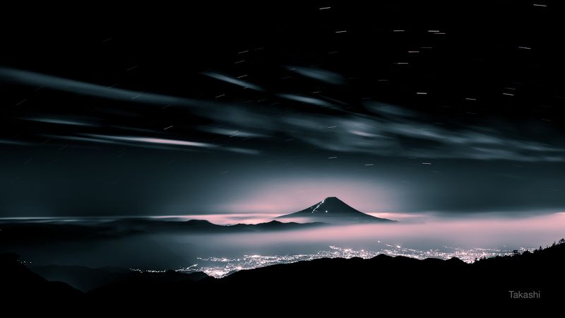 Fuji,Japan,mountain,summer,cloud,night,beautiful,star,light,pink Night mountain peak (Green and Pink version) фото превью