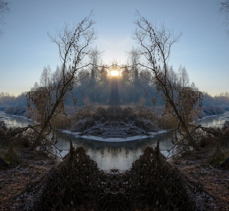 утро,осень,октябрь,мороз,иней,солнце,лучи,солнечно,осенняя сказка,река,симметрия Прикосновение утра фото превью
