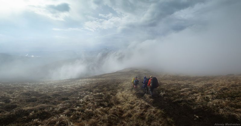 весна, гори, Карпати, чорногора, Карпаты, горы, шторм, люди, тропа, облака, панорама Дорога в облака фото превью