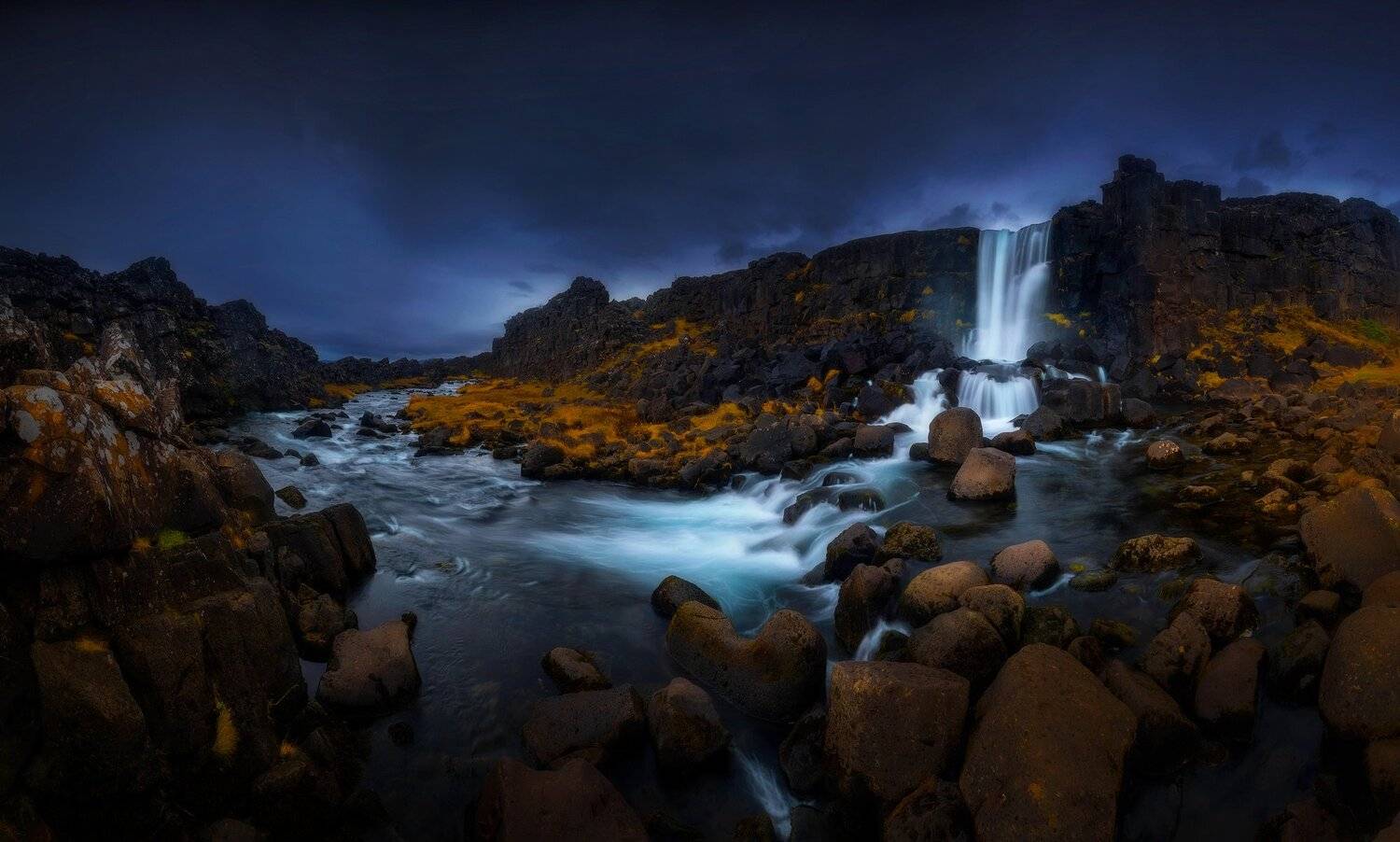 oxararfoss waterfall iceland panorama water rocks creek landscape , Roberto Pavic