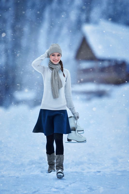 Коньки, фигуристка, лед, зима, парк, пруд, снег Фигуристка фото превью