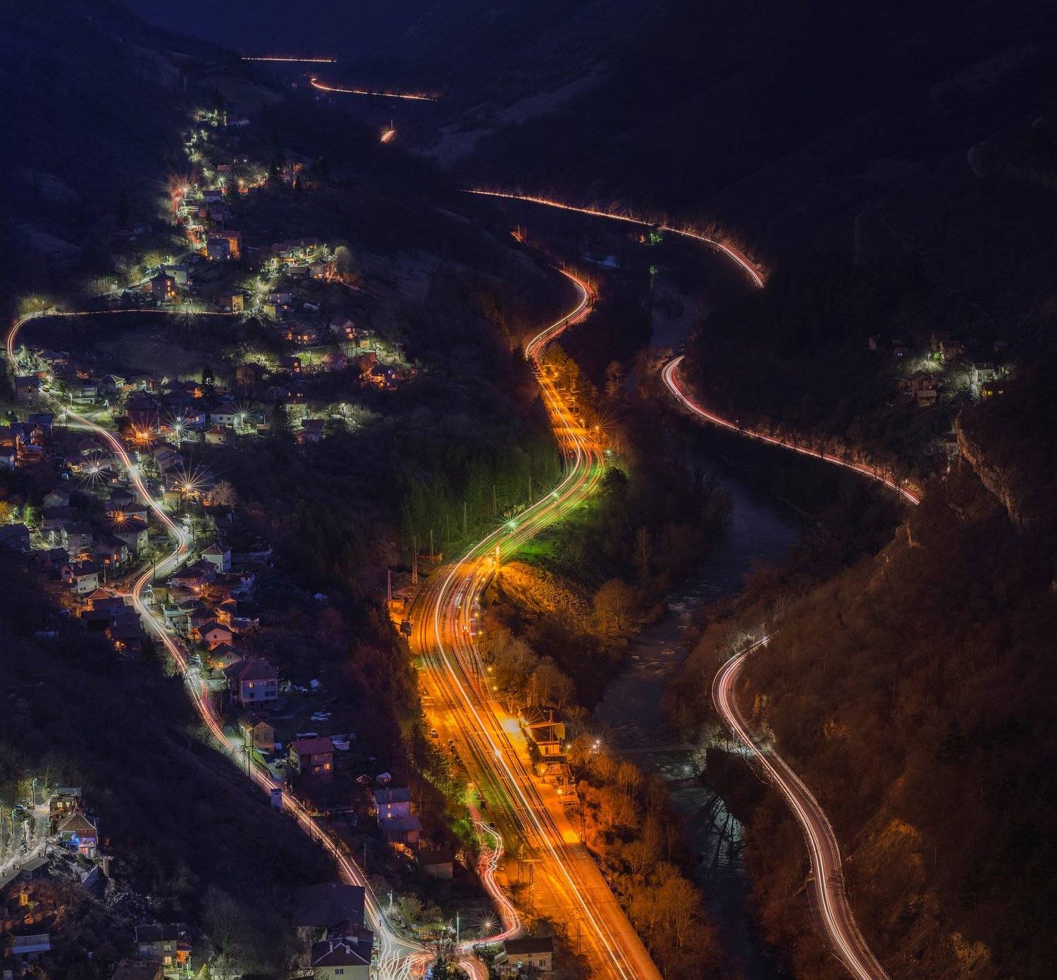 night, trails, cars, train, landscape, mountain, river, water, city, Иван Димитров