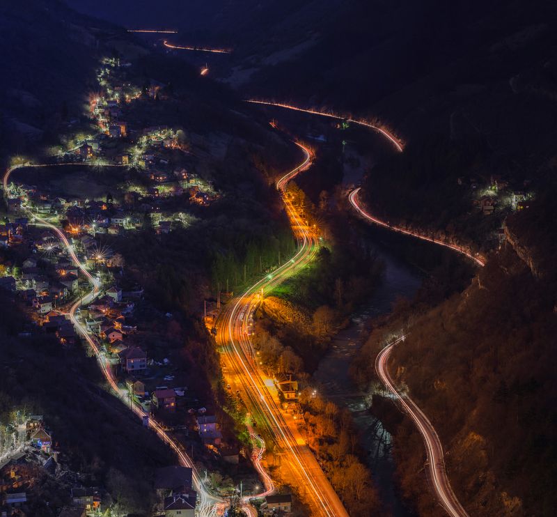 night, trails, cars, train, landscape, mountain, river, water, city Night фото превью