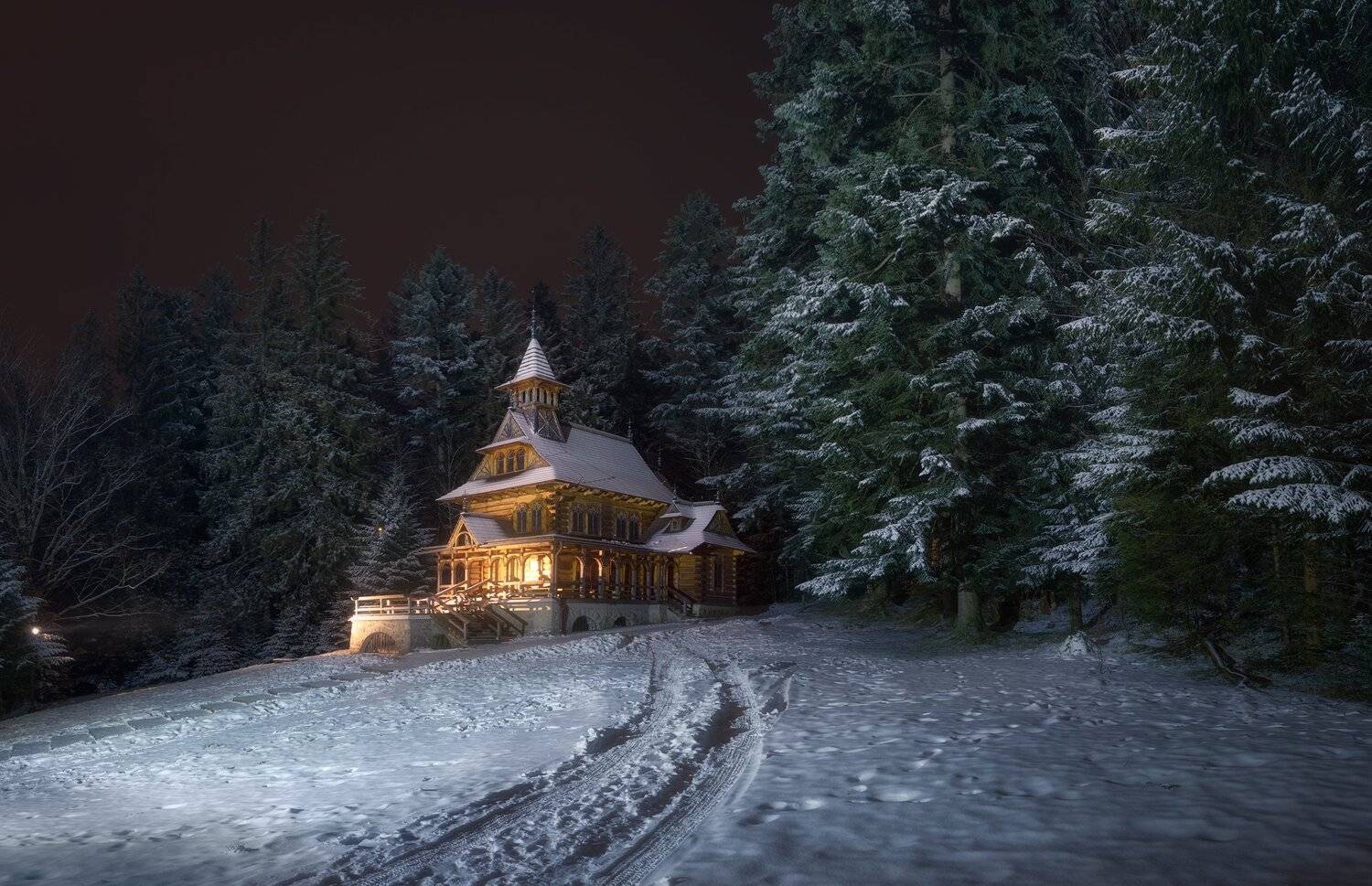 church poland zakopane jaszczur&oacute;wka winter eve snow light woods forest trees, Maciej Warchoł