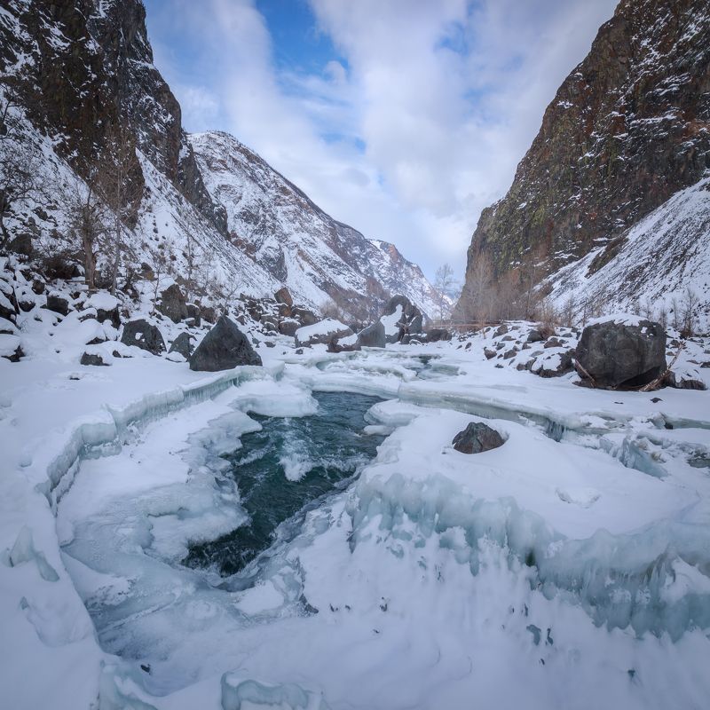 алтай, горы, чулышман, река, зима, лёд, каньон Чулышман фото превью