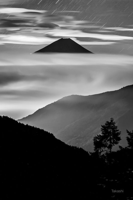 Fuji,mountain,Japan,cloud,dawn,star,night,silhouette,tree,beautiful,amazing,landscape, Silhouette of Starry Sky фото превью