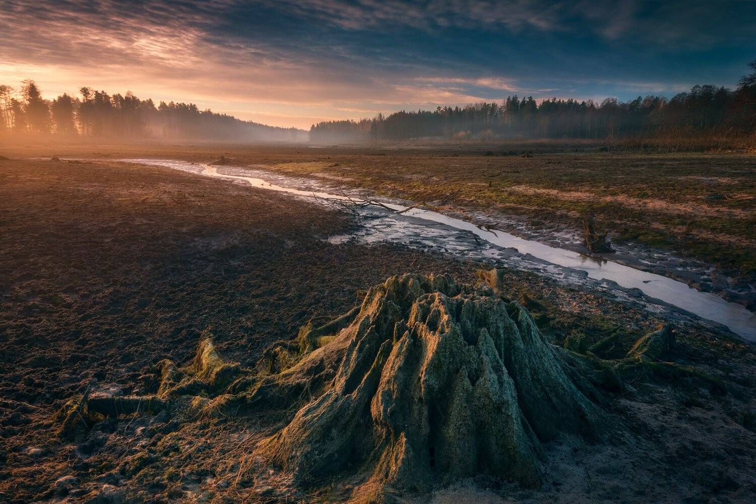lake poland podlasie dawn sunrise sky clouds water colors mood komosa trunk, Maciej Warchoł