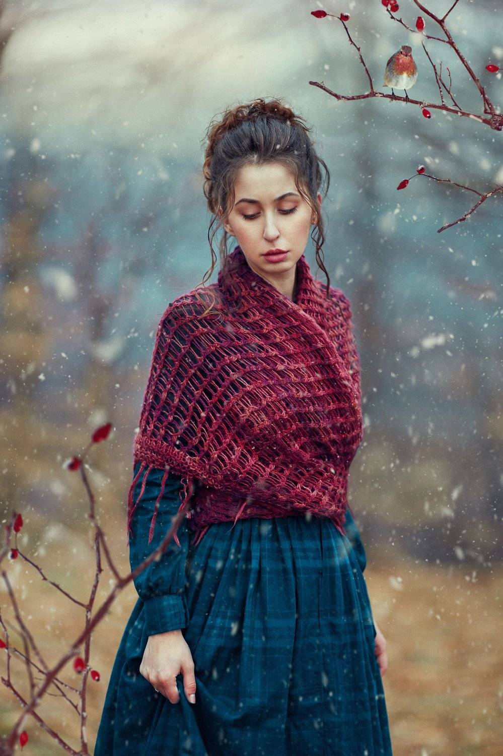 woman, winter, bird, snow, Monica Lazar