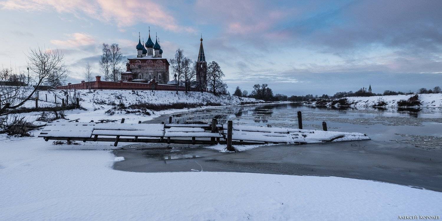 церковь, архитектура, зима, снег, река, рассвет, дунилово, ивановская область, россия, church, architecture, winter, snow, river, dawn, dunilovo, ivanovo region, russia, Алексей Королёв