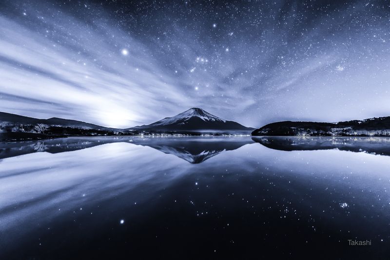Fuji,mountain,Japan,cloud,lake,water,reflection,star,orion,beautiful,fantastic,amazing,bye,sky Starry sky in the mirror фото превью