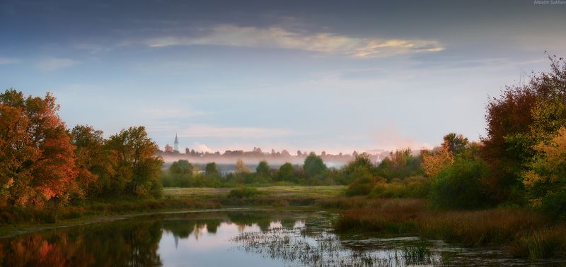 озеро, река, церковь, осень, облака, тучи, небо, вязники, владимир, клязьма, солнце,дубы, заводь, зелень, туман, прохлада, панорама, вечер, сентябрь, Вязниковское заречье фото превью