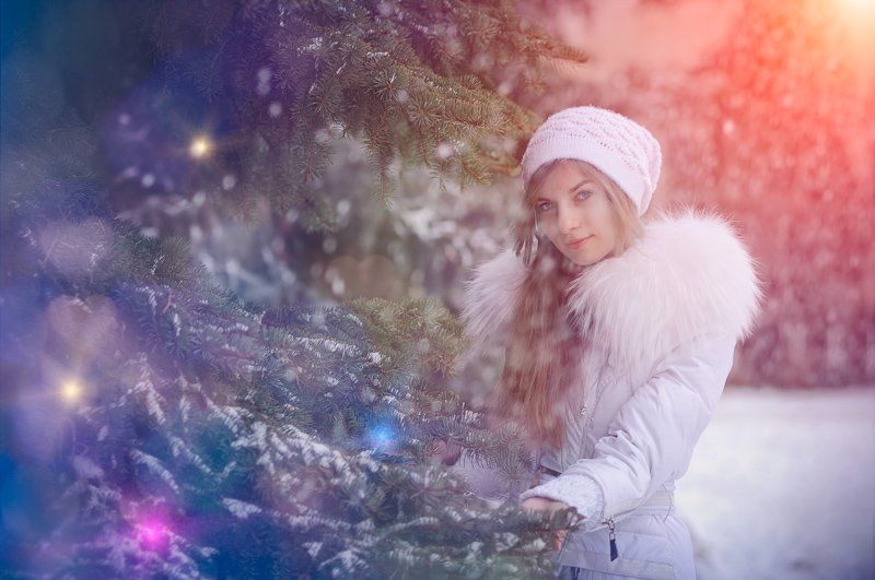 девушка, портрет, зима, снег, ель Снегурочка фото превью