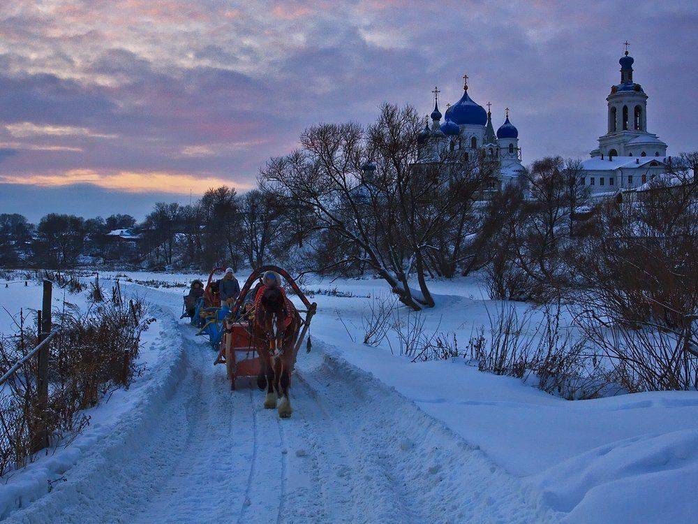 зима, пейзаж, снег, деревья, монастырь, небо, лошади, Oleg Dmitriev