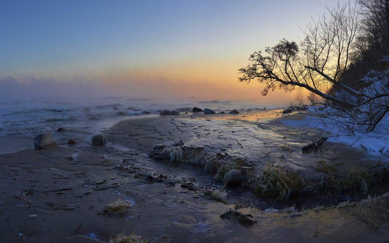 заостровье, балтийское море, море, ручей, декабрь, рассвет Ручей и море. фото превью