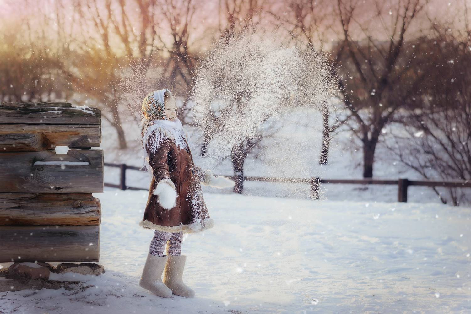 детство, дети, зима, снег, деревня, девочка, улыбка, смех, Марина Петра