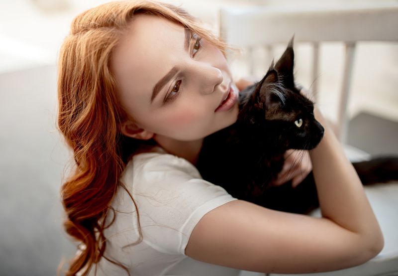 кот, девушка, портрет, девушка с котом Кисточки фото превью