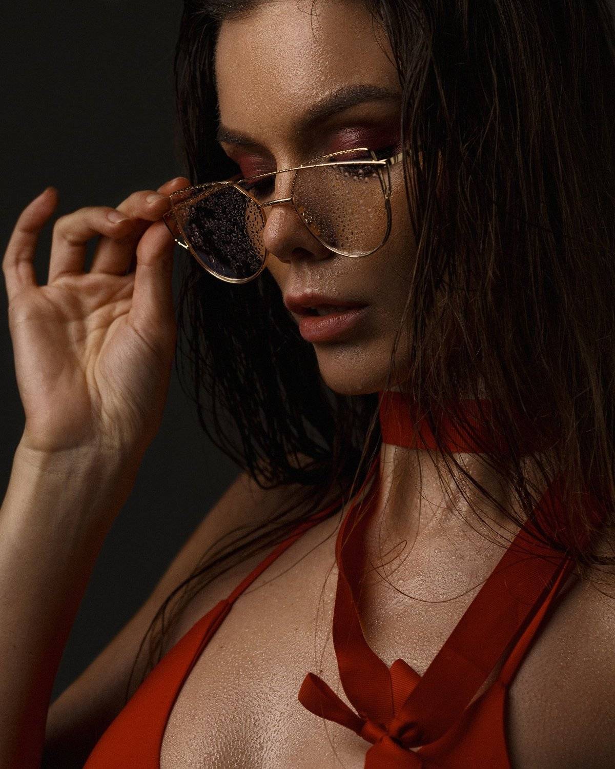 модель, купальник, красны, капли, вода, портрет, очки, Алексей Польский