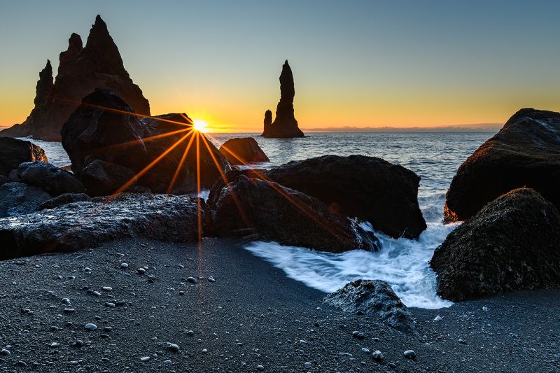 Black Sand Beach, Iceland, Sunrise, Sunset, Waves, Rocks, Sands, Sunstar, Nikon, Iceland, Island, Winter, Vik, Ocean, Clouds, Sky, Skies Black Sand Beach at Sunrise фото превью