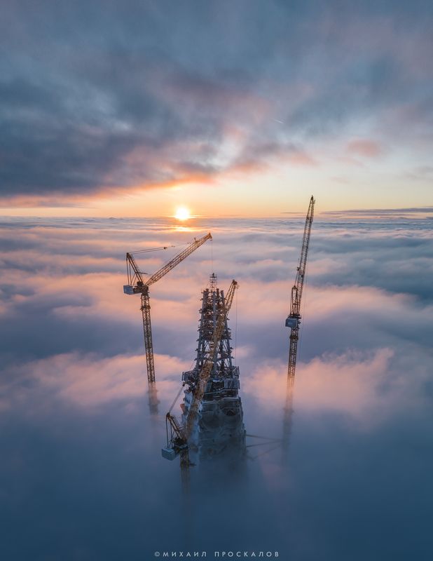 Квадрокоптер, панорама, закат, архитектура, санкт-петербург Закат над лахта-центром фото превью