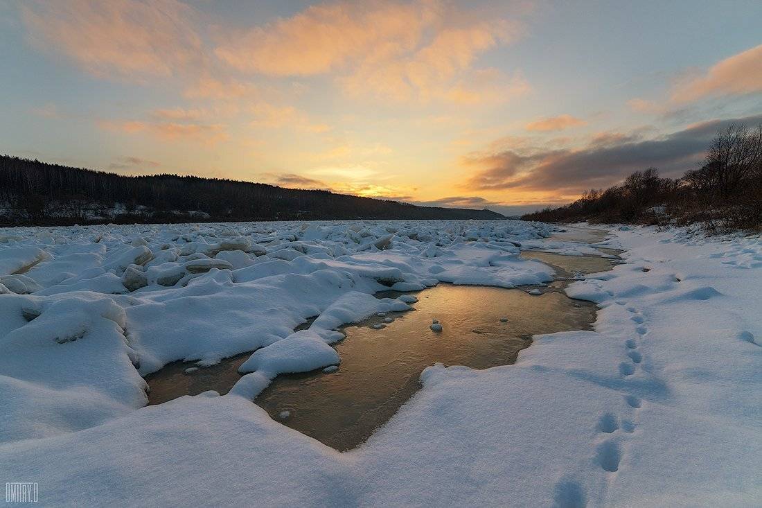 река, зима, закат, лёд,, Дмитрий Доронин