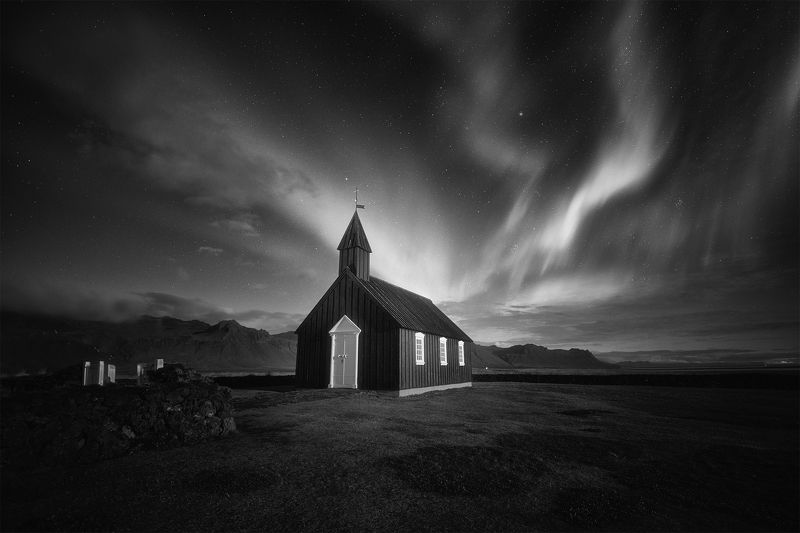 iceland, landscape, black&white, travel, farm, contrast, nature, clouds, storm, пейзаж, church Budir, Iceland фото превью