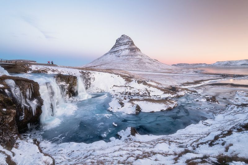 Iceland, Winter, Sunrise, Sunset, Waterfall, Mountain, Kirkjufell Winter Sunrise at Kirkjufell фото превью