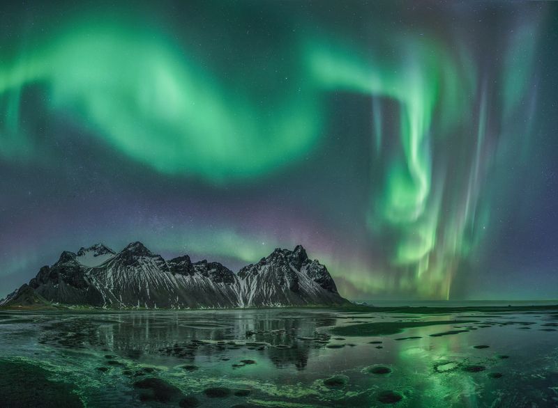 Вестрахорн, Северное сияние, Исландия  Аврора над Вестрахорном фото превью