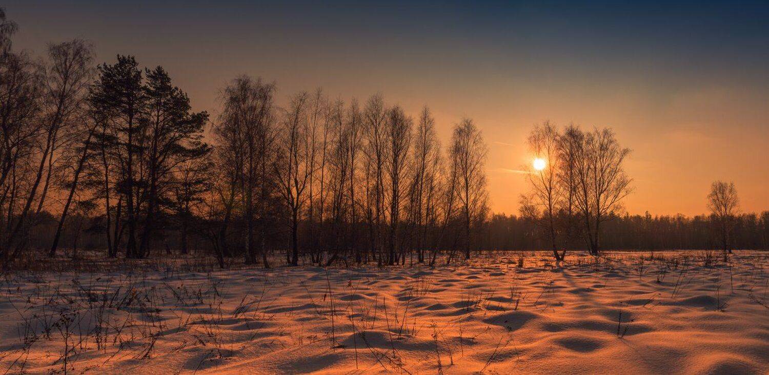 луг, зима, снег, закат, солнце, Галанзовская Оксана