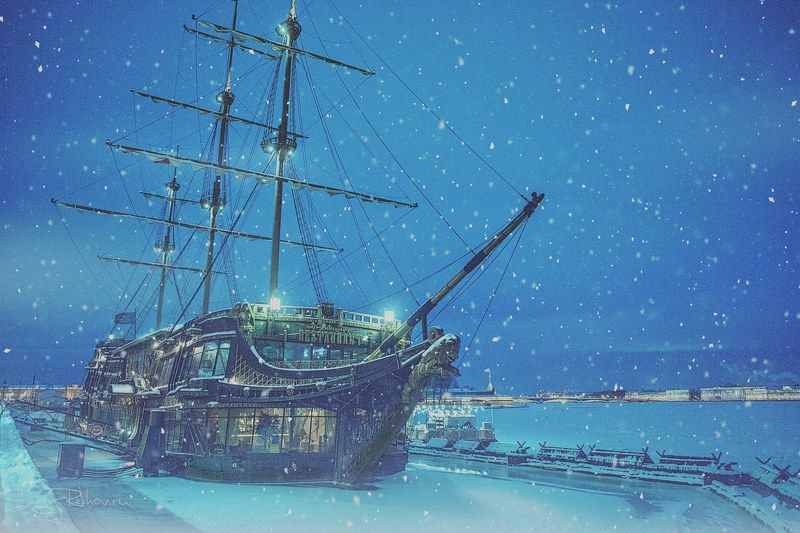 питер, санкт-петербург, корабль, нева, река,  снегопад, ночь, зима, снег, рехов, сергейрехов, rekhov, sergejrekhov \