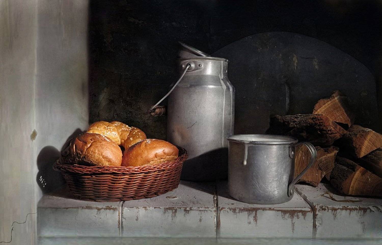 печка,молоко,дрова,кружка,бидон,булочки, Алла Шевченко