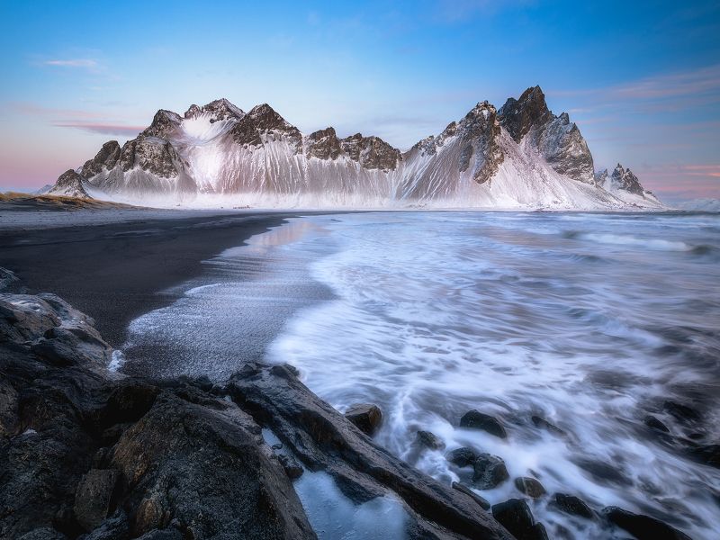 Cold, Sunrise, Sunset, Vestrahorn, Iceland, Beach, Snow, Winter, Epic, Dreamy, Dramatic, Skies, Sky, Waves, Clouds, Ocean Freezing Sunrise At The Beach фото превью