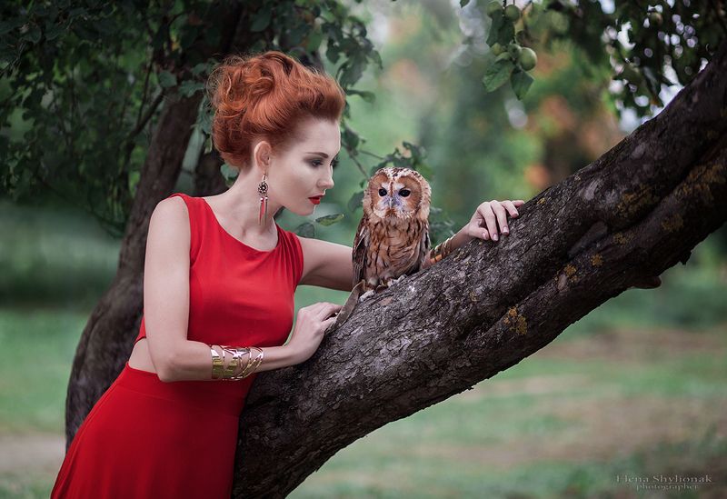 сова, девушка с совой, фотограф, модель, этническая одежда, осень *** фото превью