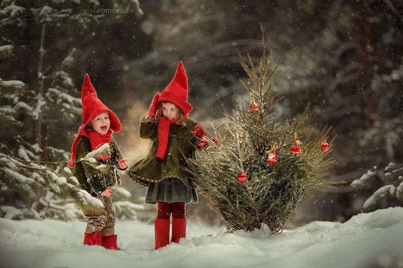 портрет, дарья громова, фотография, фото, фотоарт, фотограф, закат, детский портрет, дети, ребенок, сестры, малыш, девочка, мальчик, детская, фотосессия, фотосъемка, гномы, зима, новый год, елка, игрушки, А давай елку наряжать! фото превью