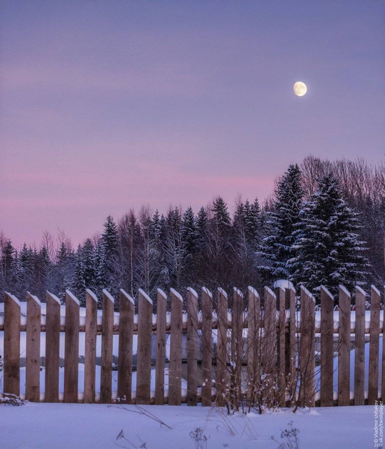 зима, вечер, снег, луна, забор, лес, село, чупино, пермский край, Владимир Ушаков
