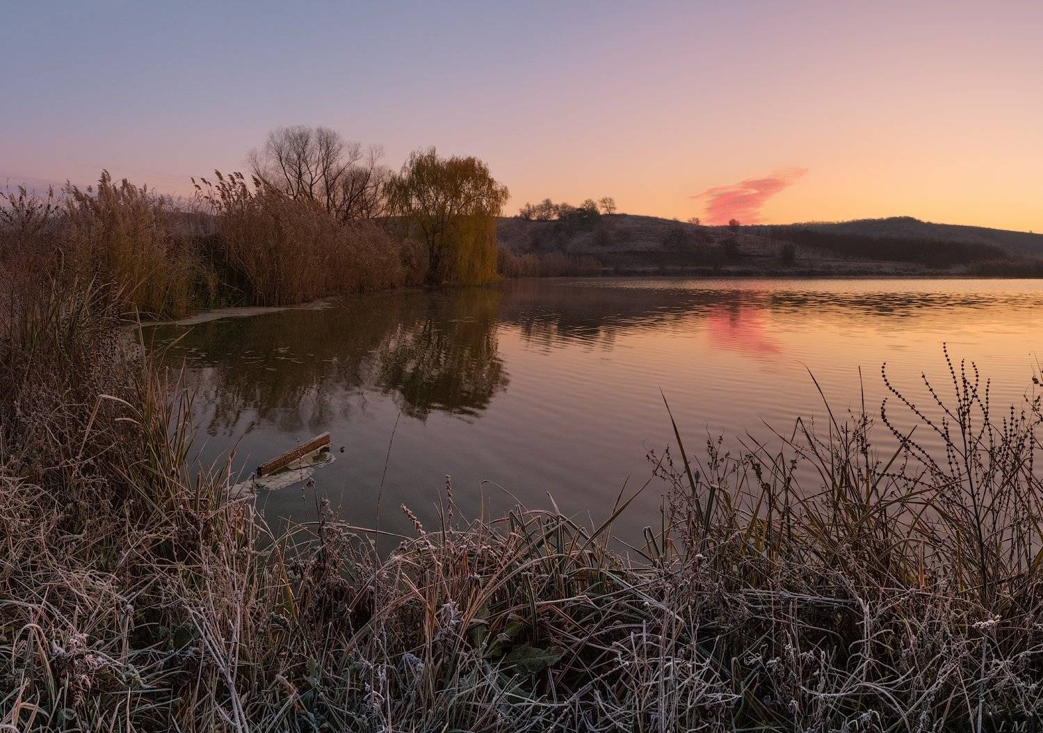 autumn, grass, sunrise, восход солнца, иней, ноябрь, озеро, осень, рассвет, frosty, november, облако, отражение, утро, morning, Ivan Maljarenko