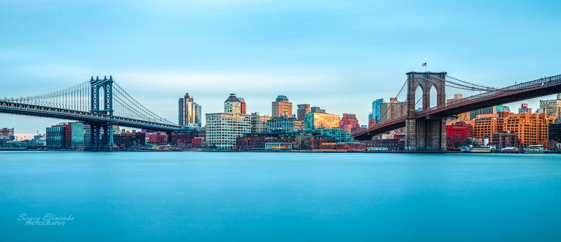 нью-йорк, город, вечер, река, длиннаявыдержка Two bridges, New York фото превью