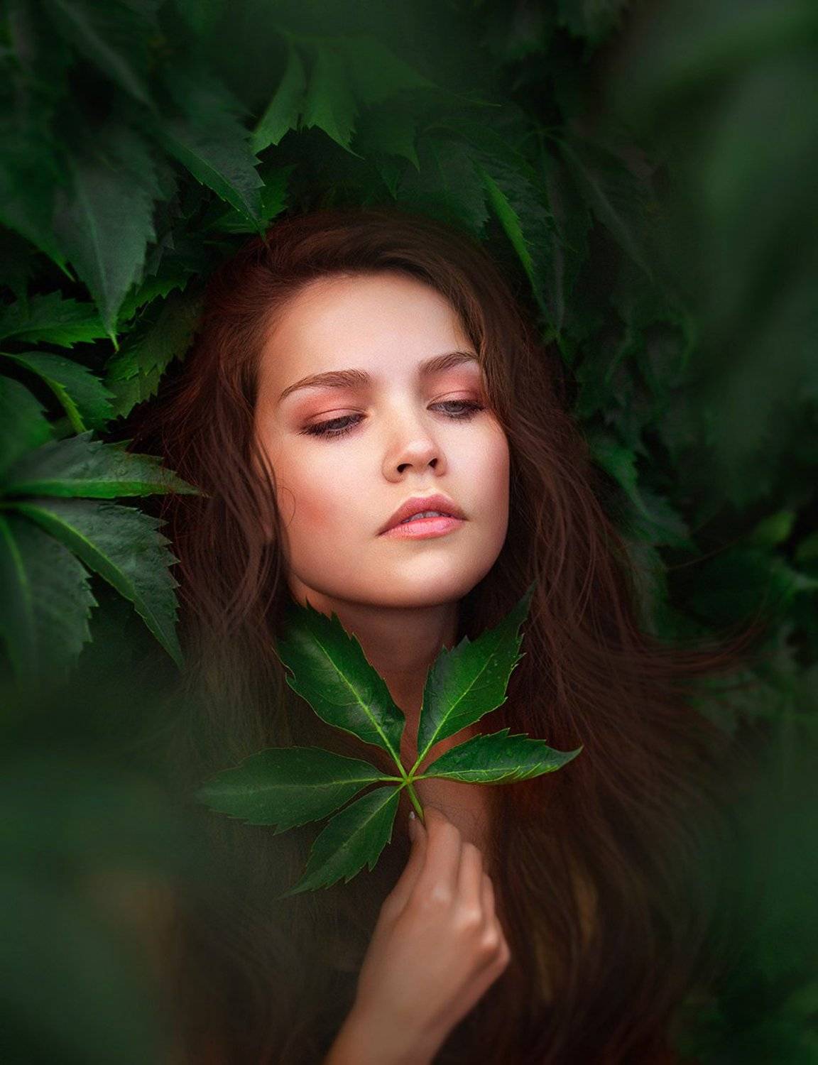 portrait, girl, rain, foliage, leaves, green, rain, Canon, dark, summer, портрет, девушка, дождь, листва, листья, зеленый, дождь, кэнон, Антошина Татьяна