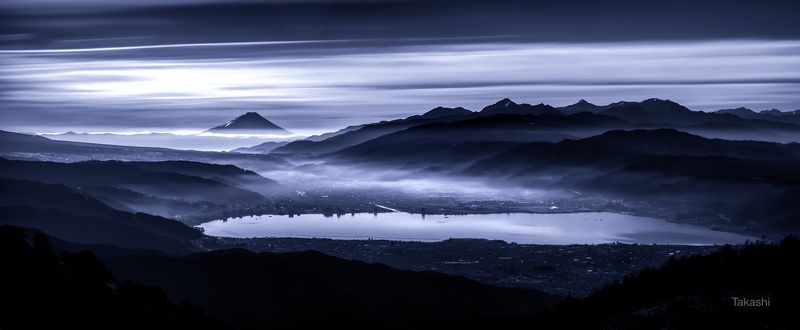 Fuji,mountain,Japan,cloud,lake,blue,morning, Mountains over the lake (panorama) фото превью