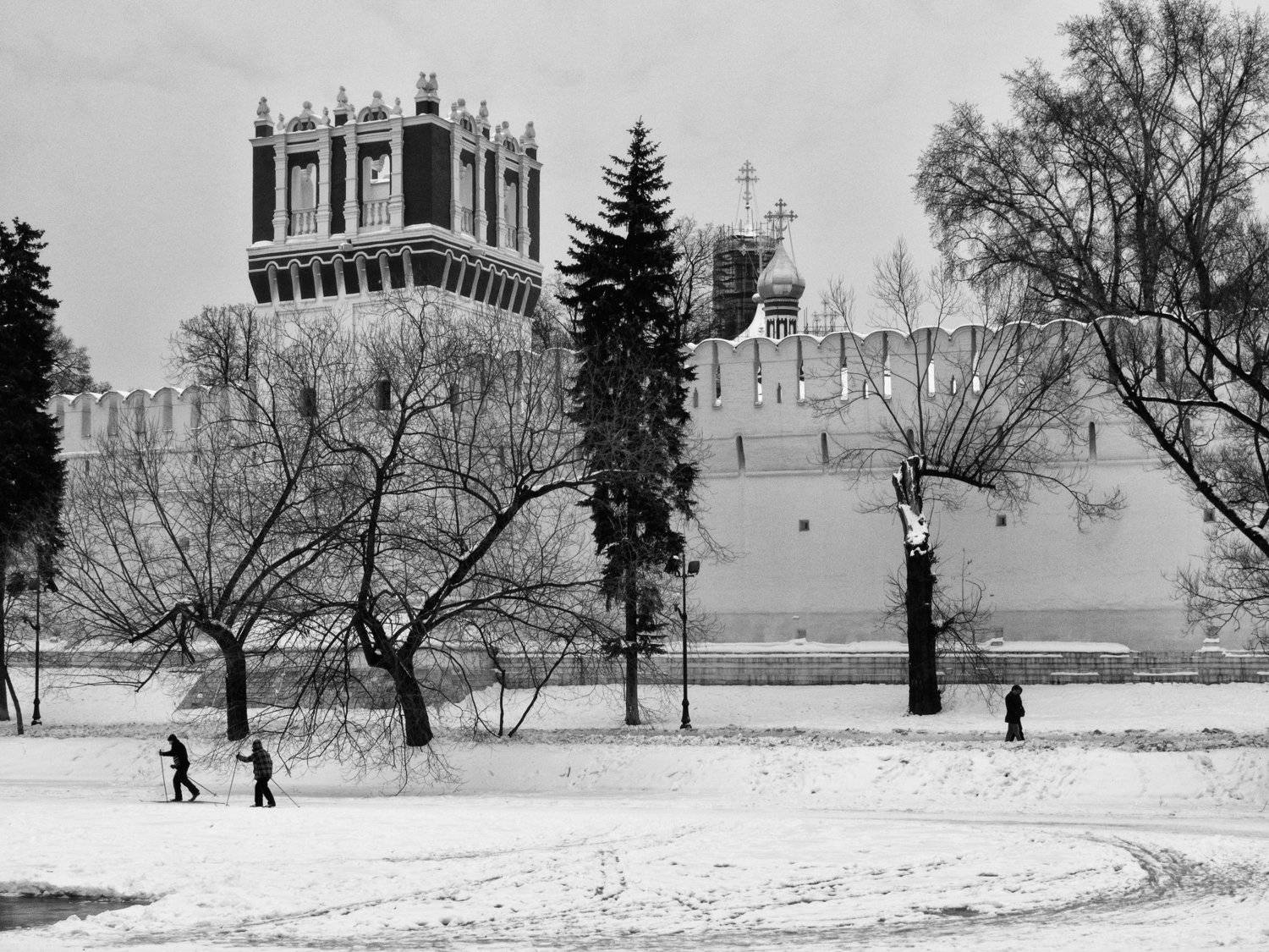 Moscow, Russia, Skiing, Black and white, Monochrome, Pond, Elena Beregatnova