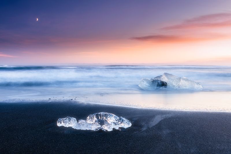 Diamond Beach, Dramatic, Serene, Sunset, Sunrise, Ice, Iceberg, Winter, Sky,Skies, Clouds, Ocean, Waves, Landscape, Black Sands, Iceland, Horizon Diamond Beach фото превью