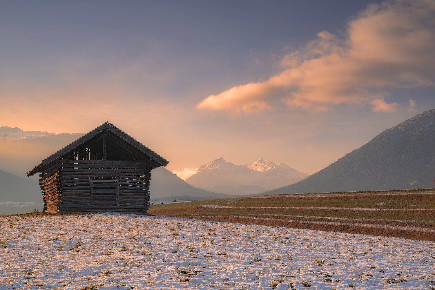 acres, agicutural building, agriculture, alps, austria, austrian alps, barn, clouds, evening, evening glow, farmhouse, fog, foggy, forest, hey barn, hill, hills, houses, hovel, hut, landscape, log cabin, meadows, mieming, mieminger plateau, moulton barn, , Ludwig Riml