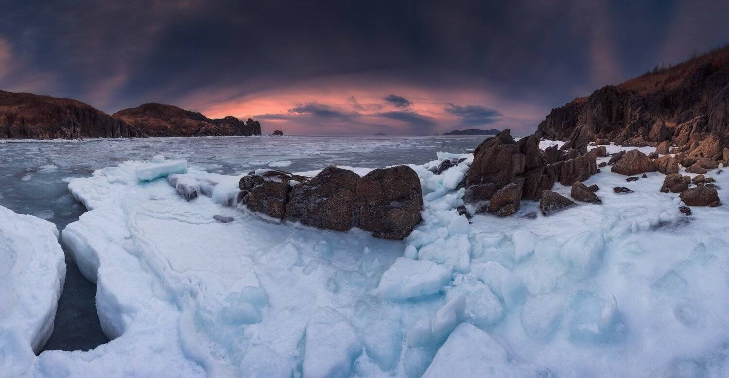 панорама, зима, море, скалы, лёд, Андрей Кровлин