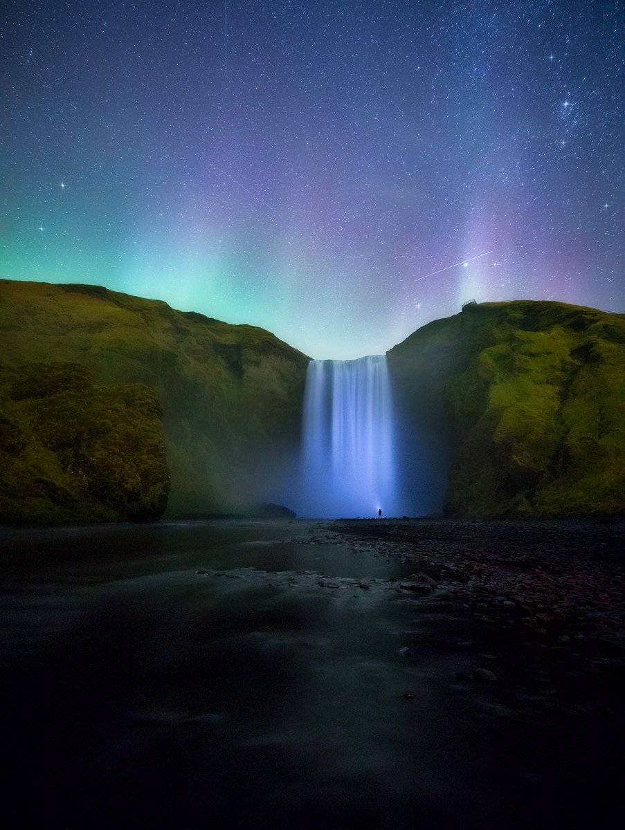 skogafoss iceland night aurora borealis landscape waterfall , Roberto Pavic